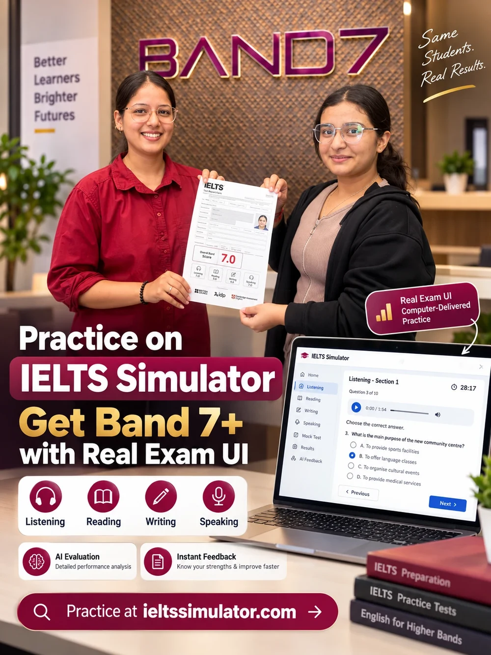 Students holding an IELTS report: practise on IELTS Simulator and get Band 7 plus