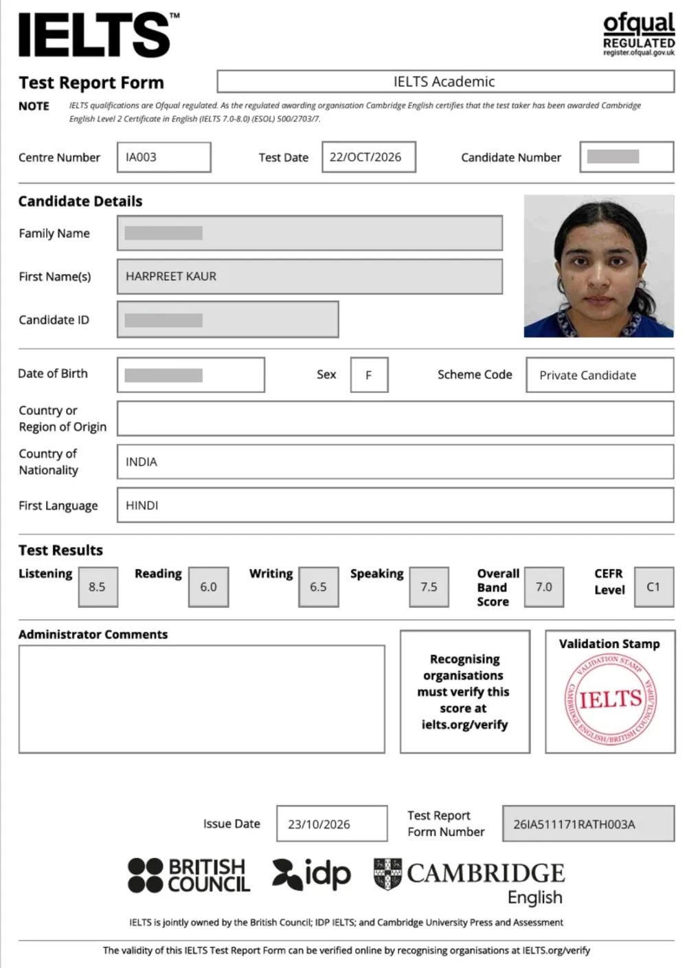 IELTS Test Report Form, Academic, overall band 7.0
