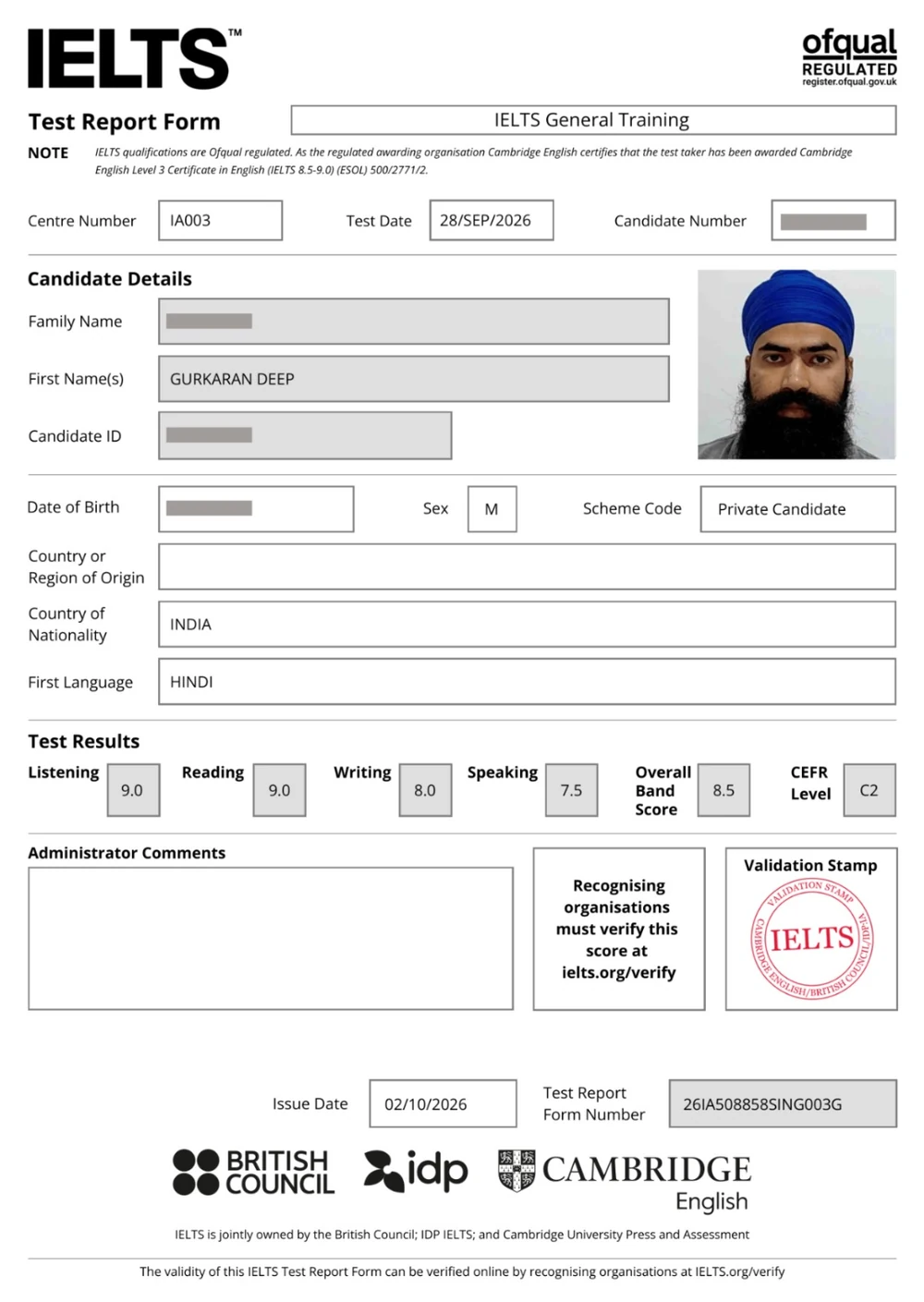 IELTS Test Report Form, General Training, overall band 8.5
