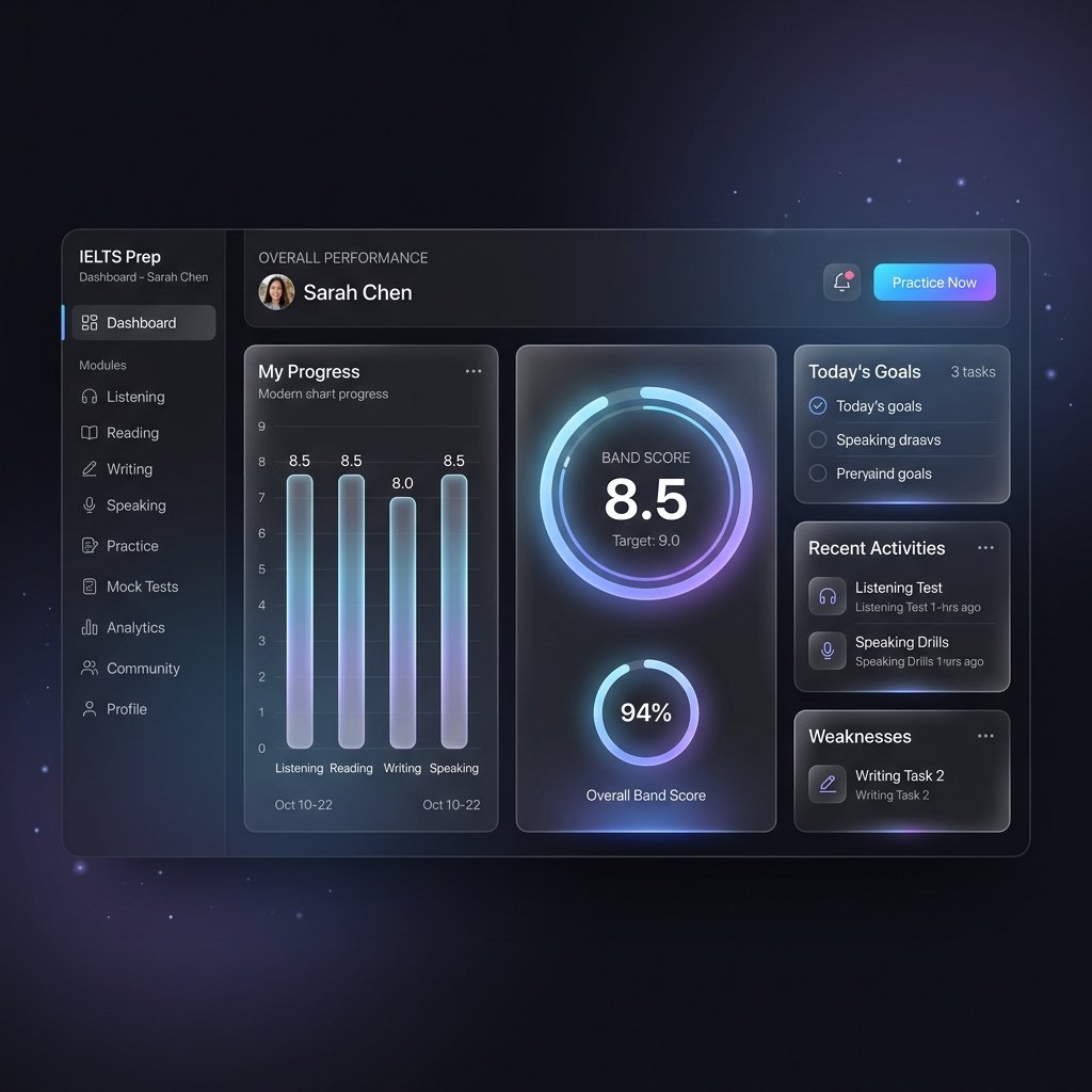 IELTSSimulator Premium Study Dashboard Analytics Mockup